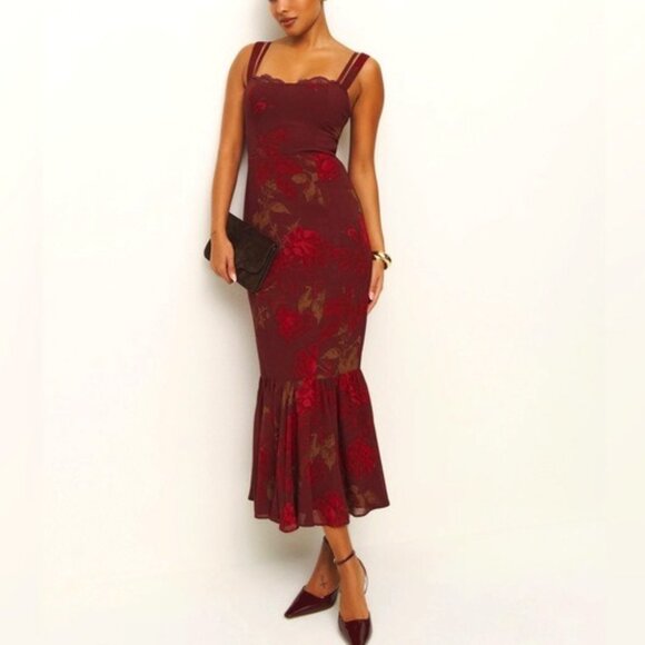 Reformation Dresses & Skirts - NEW Reformation Irisa Midi Dress Barcelona Border Red Floral Lace | size 6